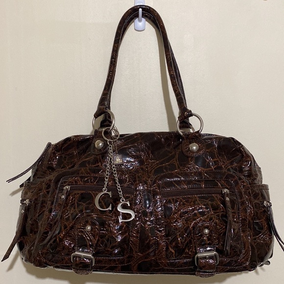 Chenson Brown Leather Patent Faux Croc Pattern Double Zipper Handbag - Picture 2 of 16